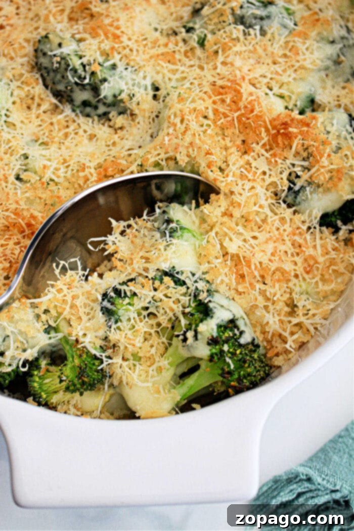 Cheesy Baked Broccoli 8 Broccoli Au Gratin Recipe, a close-up of the finished dish ready for serving.