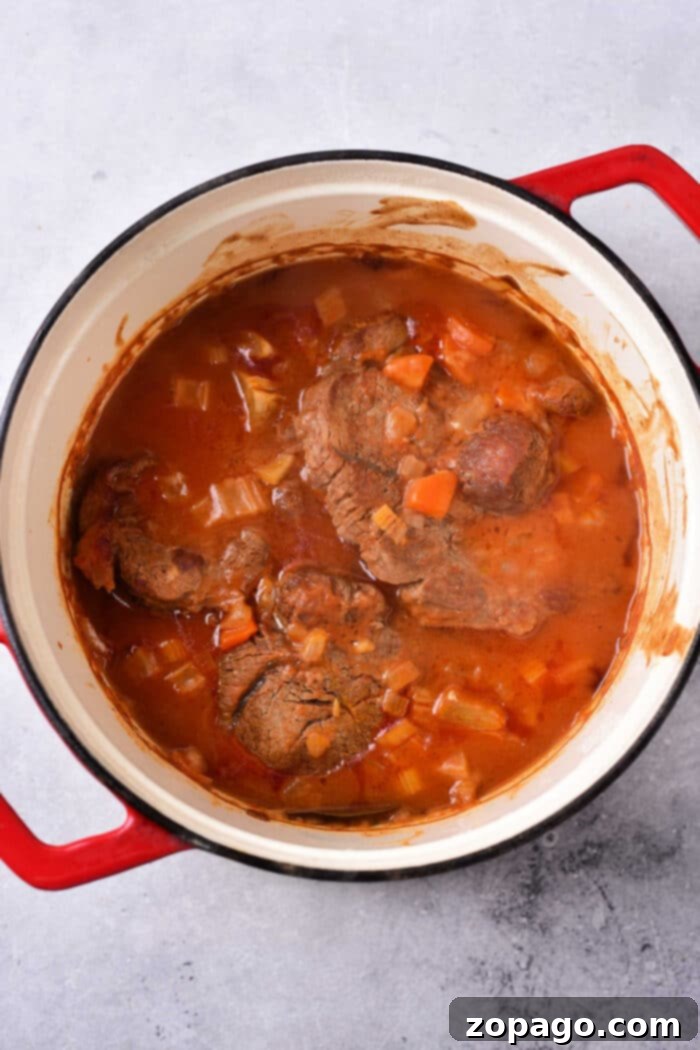 Fall-Apart Tender Beef Shin 6 A serving of oven-braised beef shin, garnished and ready to eat.