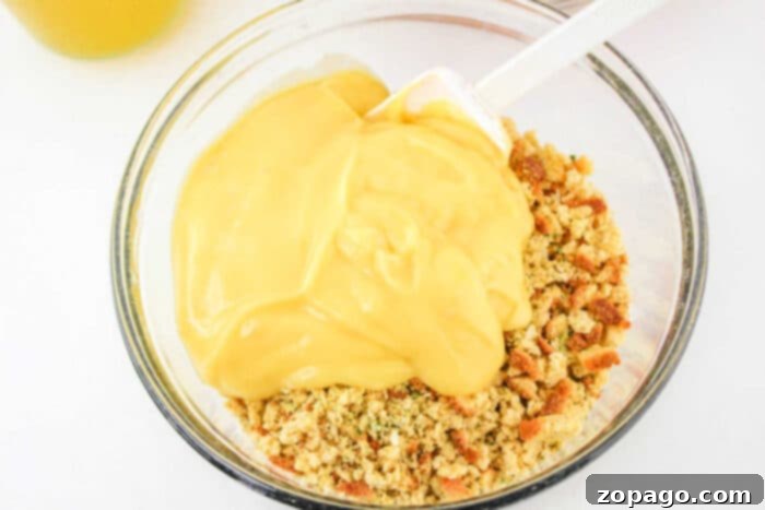 Easy 5-Ingredient Slow Cooker Chicken and Stuffing 4 A generously portioned serving of homemade chicken and stuffing casserole, highlighting its rich textures and comforting appeal, ready for dinner.