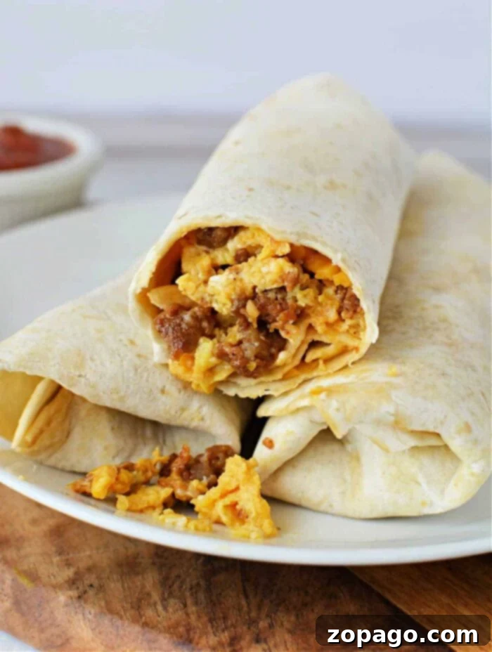 Spicy Chorizo Breakfast Scramble 2 A white plate holds two burritos made with flour tortillas. One burrito is partially cut open, revealing a filling of scrambled eggs, sausage, and melted cheese. The scene offers a tempting glimpse into how to cook chorizo and eggs. Brown sauce in a small white bowl appears blurred in the background.