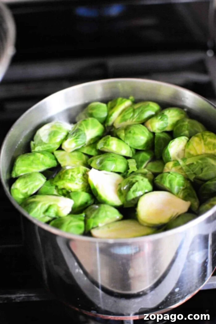 Perfectly Boiled Brussels Sprouts 5 Brussels sprouts simmering gently in a stainless steel pot on the stovetop, releasing their earthy aroma. The image suggests a crucial stage of cooking, where the sprouts are tenderizing. The text prompts the user to consider the ideal duration—around 8-10 minutes—for boiling Brussels sprouts to achieve perfect tenderness.