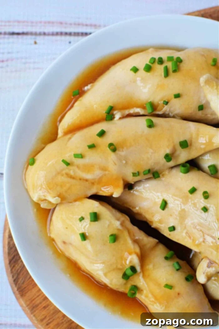 Chicken Tender Boiling Times 2 Perfectly boiled chicken tenders, glistening with soy sauce and sprinkled with fresh green onions, served on a clean white plate. This image beautifully illustrates the tender and succulent texture achievable when you know how long to boil chicken tenders.