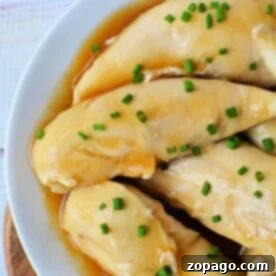 boiled chicken tenders with soy sauce and green onions, tender as ever, served on a pristine white plate. Perfect for those wondering how long to boil chicken tenders for a similarly succulent texture.