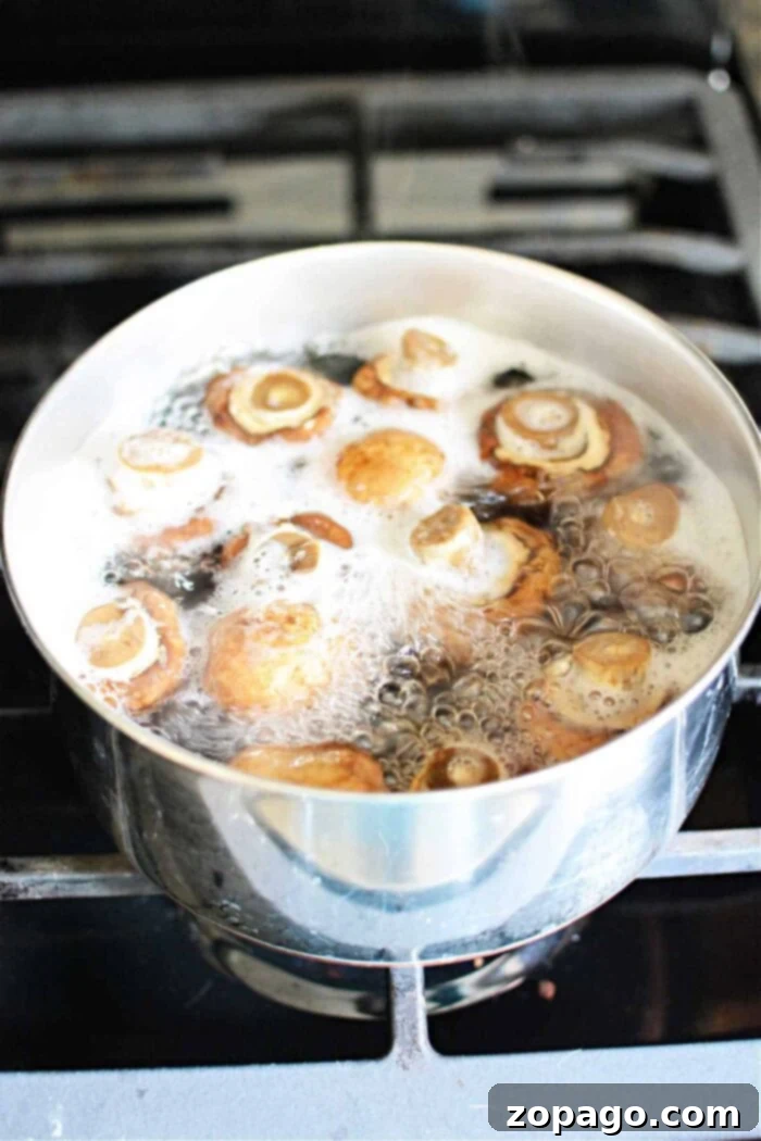 Simmered Mushrooms 2 How Long to Boil Mushrooms on Stove - A pot of mushrooms simmering on the stovetop.