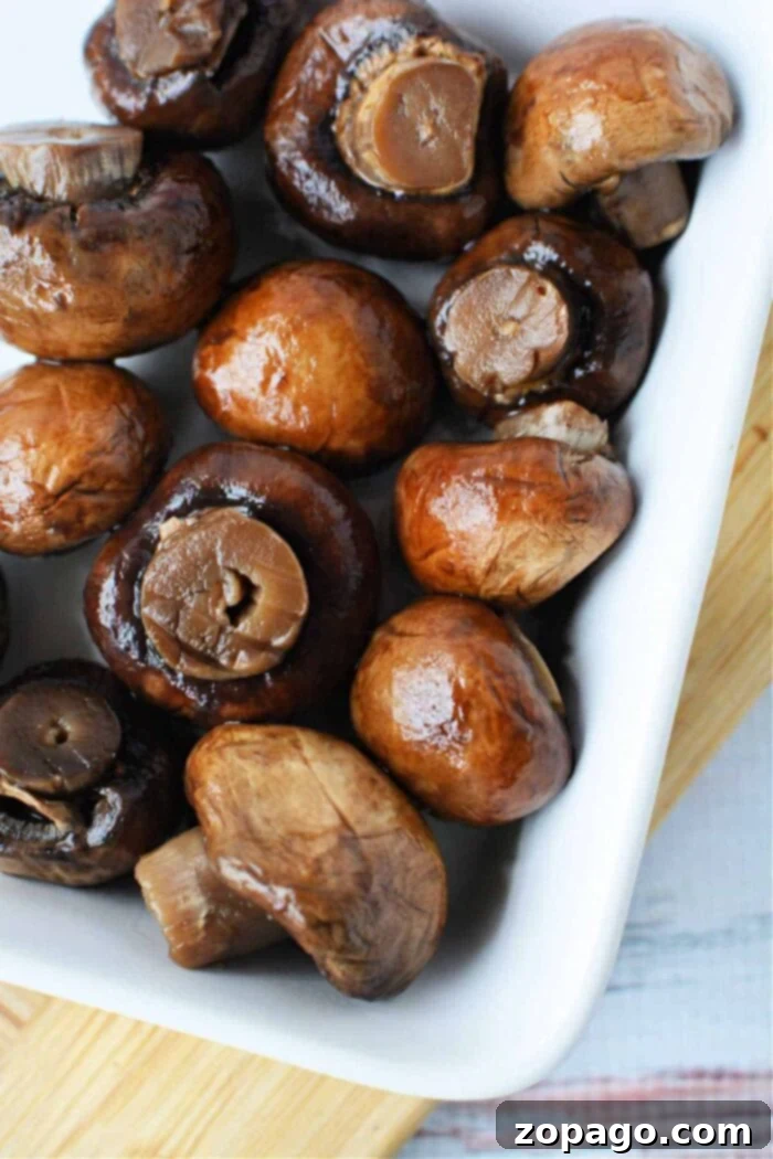 Simmered Mushrooms 6 Perfectly boiled mushrooms, ready to be served or added to a recipe.