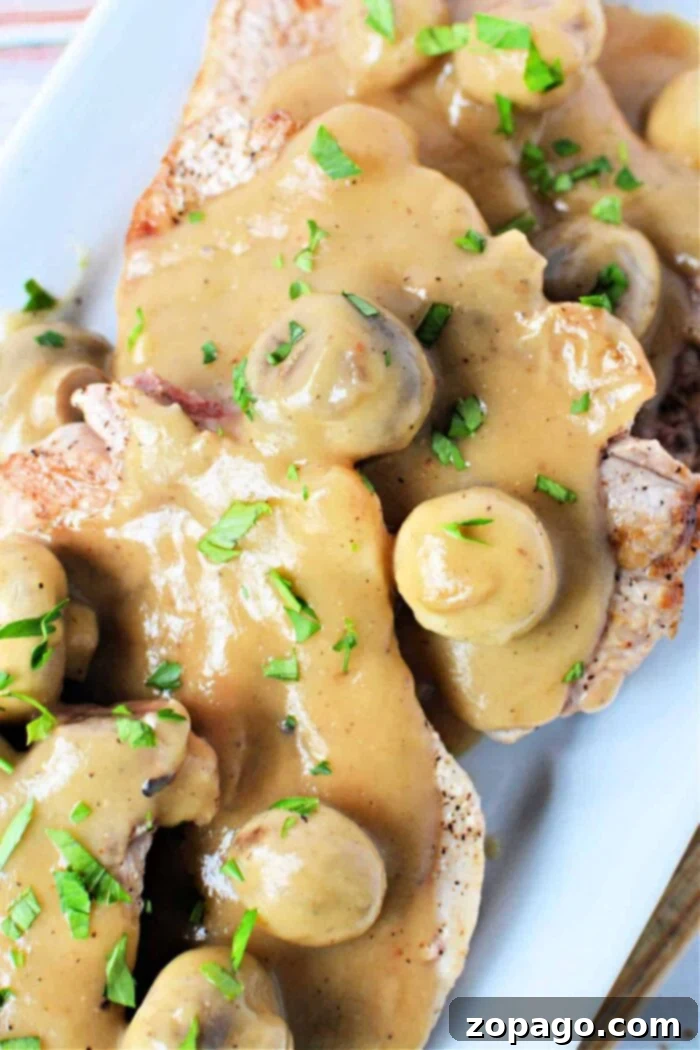 Tender Pork Chops Smothered in Rich Mushroom Gravy 2 Pork Chops with Creamy Mushroom Gravy, garnished with fresh parsley.