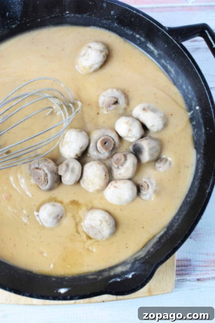 Juicy Pork Chops with Velvety Mushroom Gravy 4 Rich, thick mushroom gravy ready to be poured over succulent pork chops.
