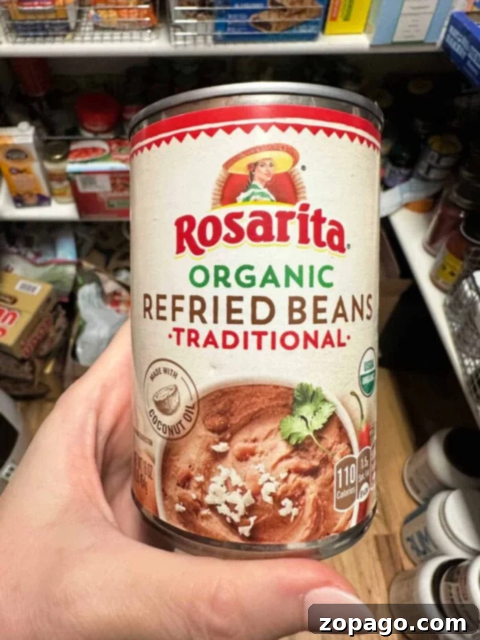 Next Level Canned Refried Beans 2 A vibrant bowl of refried beans garnished with fresh cilantro and cotija cheese, ready to be served, showcasing how to make canned refried beans better.