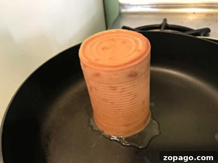 Next Level Canned Refried Beans 3 A can-shaped block of refried beans stands upright in a frying pan on the stove, ready to be transformed into a delicious dish.