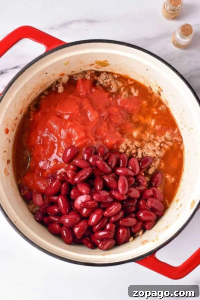 Crafting Flavorful Chili with Dried Beans 5 Close-up of a pot of homemade chili with dried beans simmering on the stove, rich in color and texture.