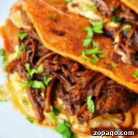 A close-up of three short rib tacos on a white plate. The tacos are filled with shredded meat and melted cheese, topped with chopped fresh cilantro. A bowl of dipping sauce is partially visible in the background.