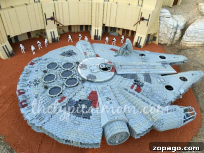 Intricate LEGO Star Wars Models in Miniland Detailed LEGO Star Wars models depicting iconic scenes and vehicles from the Star Wars saga at LEGOLAND California's Miniland.