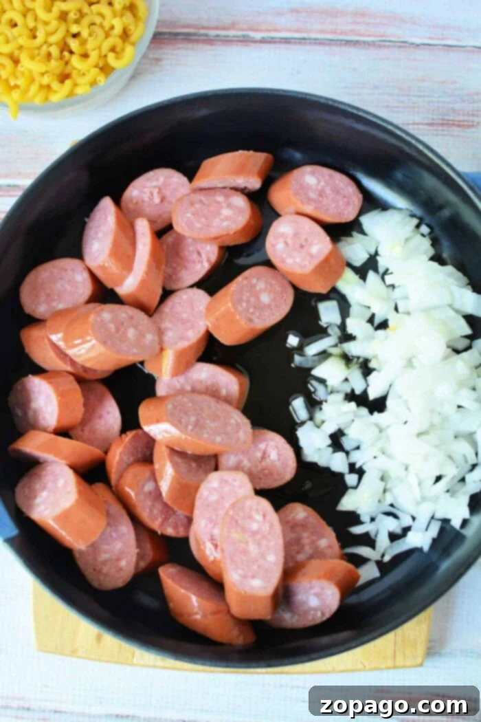Hearty Kielbasa Pasta Skillet 3 Kielbasa skillet meal featuring sliced sausage and pasta
