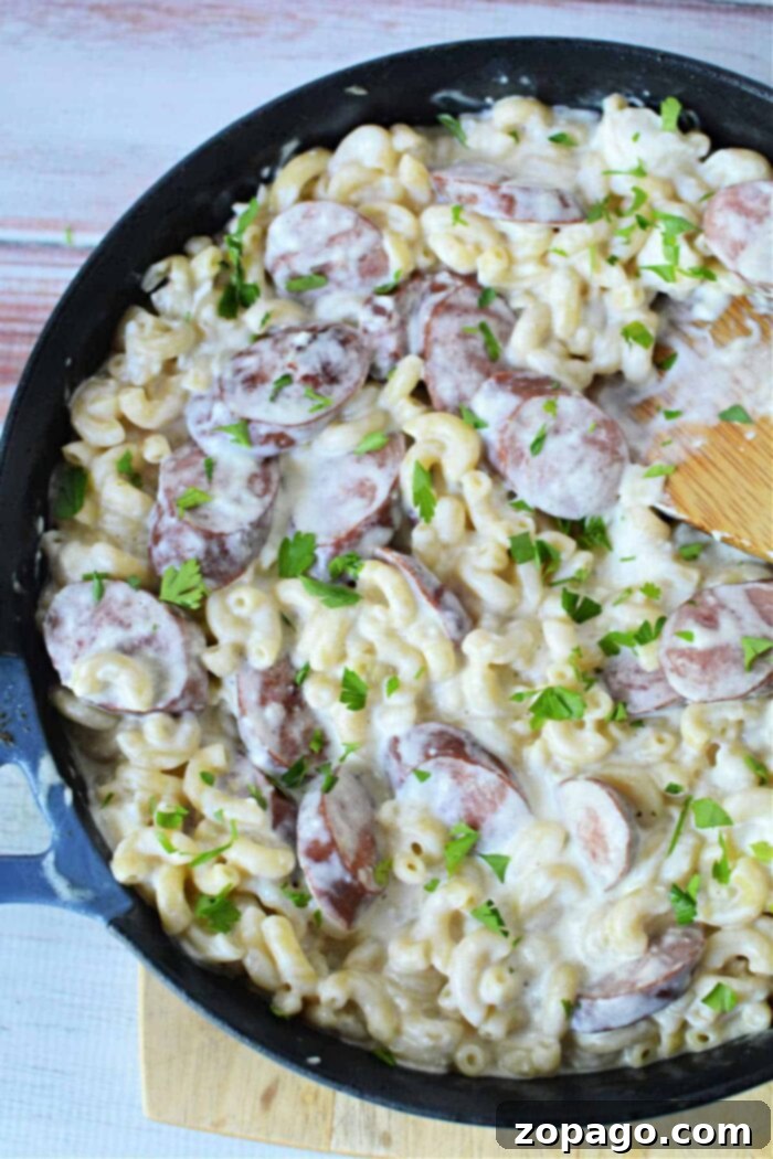 Hearty Kielbasa Pasta Skillet 5 Creamy Kielbasa and Pasta recipe served in a skillet