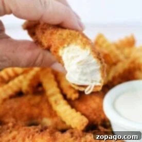 Crispy Homemade Chicken Tenders 8 Savor the moment with a hand holding a crispy chicken tender, perfectly paired with crinkle-cut fries and a small cup of dipping sauce. Discover how to make chicken tenders that are just as golden and delicious right in your own kitchen.