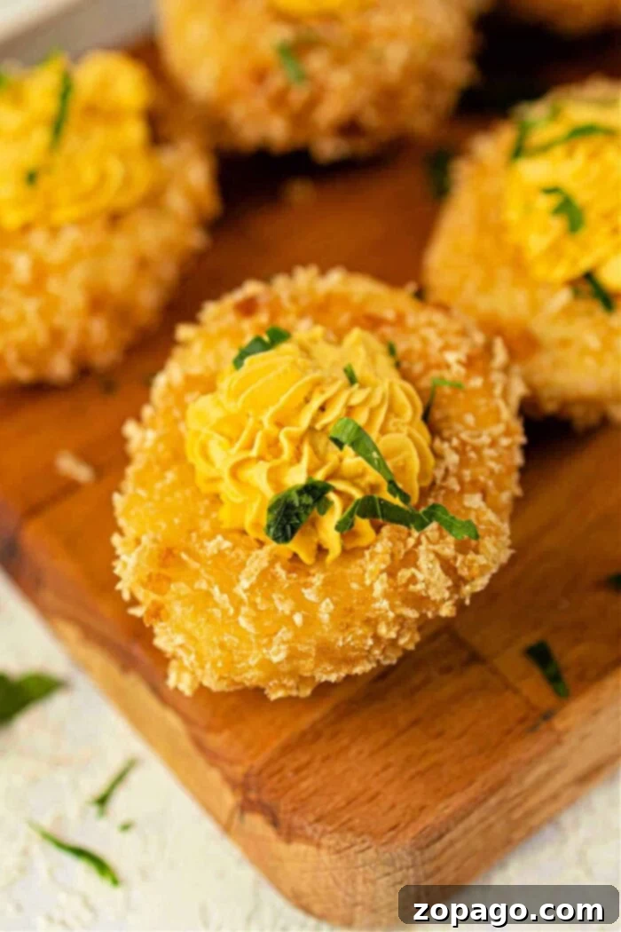 Golden Deviled Poppers 2 A crispy breaded deep-fried deviled eggs, topped with a yellow piped sauce and garnished with green herbs on a wooden board.