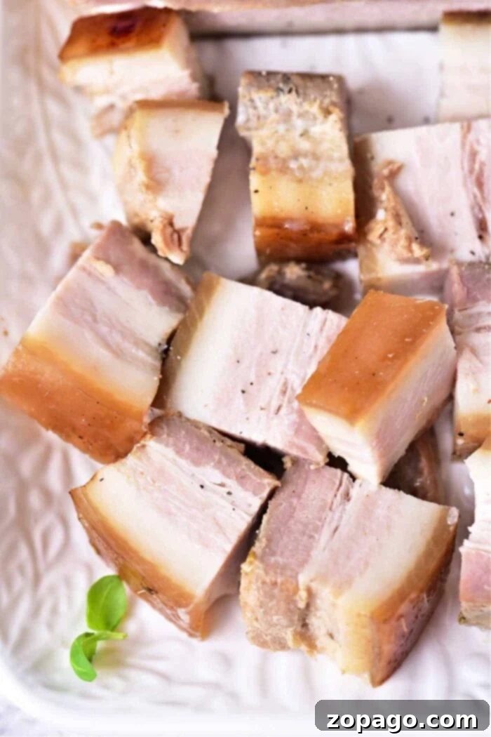 Mastering Pork Belly Confit 2 How to Make Pork Belly Confit - Perfectly rendered pork belly confit, golden brown and glistening, ready to be enjoyed.