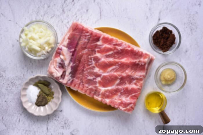 Mastering Pork Belly Confit 3 Raw pork belly rests on a yellow plate, surrounded by small bowls of spices, chopped onions, and oil on a marble surface—a perfect starter kit for those eager to learn how to confit pork and prepare it meticulously.