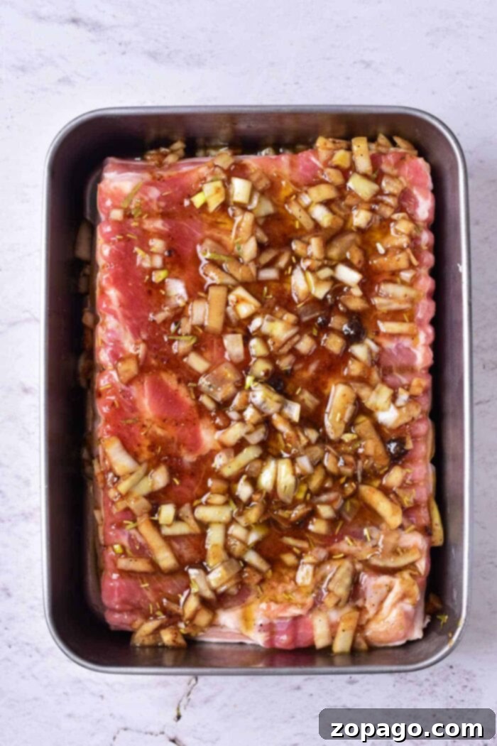 Mastering Pork Belly Confit 5 Raw pork belly marinated with chopped onions and sauce rests enticingly in a rectangular metal tray on a light gray surface, evoking the initial steps in learning how to confit pork with incredible flavor depth.