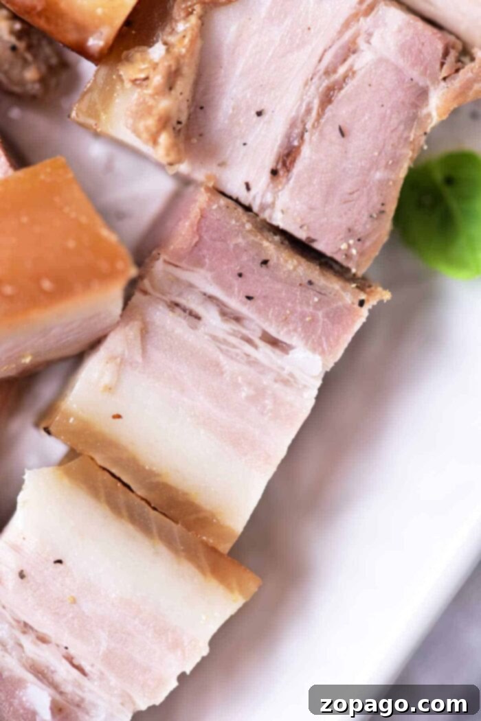 Mastering Pork Belly Confit 7 Close-up of sliced pork belly on a plate, showcasing layers of fat and meat, a delicious result reminiscent of the techniques used in how to confit pork.