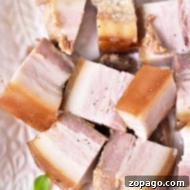 Mastering Pork Belly Confit 8 Learn how to confit pork and enjoy cubed pieces of layered cooked meat with luscious fat on a white dish, elegantly garnished with a small green sprig.