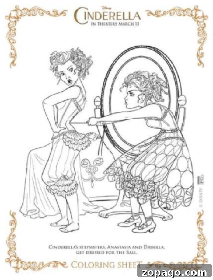 Cinderella's 10 New Free Printables 5 Collection of Cinderella coloring pages, showing various scenes