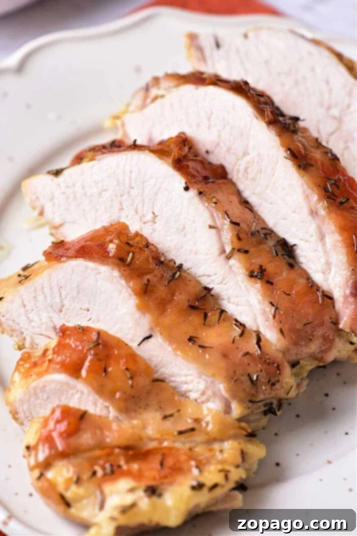 Slow Cooked Turkey Breast Confit 2 Sliced roasted turkey confit breast with a crispy, seasoned skin on a white plate. The meat appears moist and tender, with visible seasonings on the golden-brown crust.