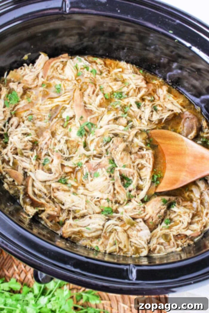 Melt-in-Your-Mouth Green Chili Chicken 2 Flavorful Crockpot Green Chili Chicken, slow-cooked to perfection for easy shredded meals.