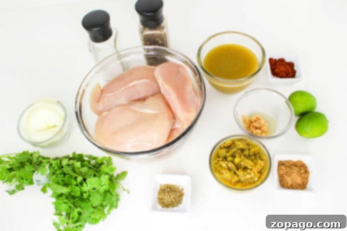 Melt-in-Your-Mouth Green Chili Chicken 3 Raw chicken breasts and vibrant green chiles, ingredients for a slow cooker meal.
