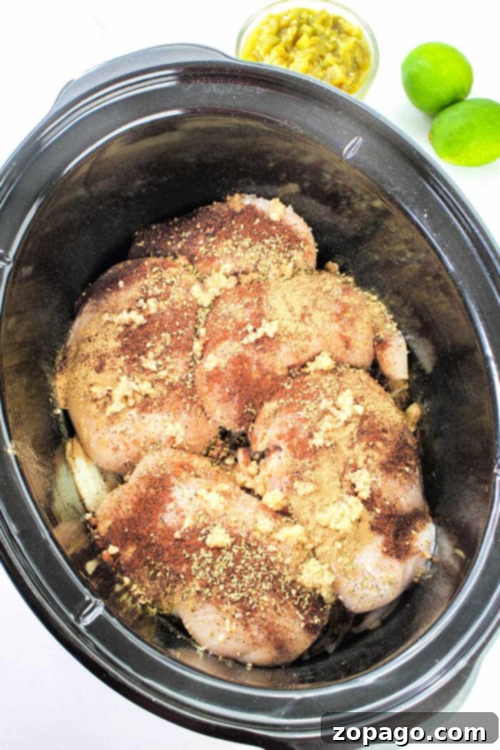 Zesty Slow Cooker Green Chili Chicken 5 Tender boneless, skinless chicken breasts in a slow cooker, perfectly cooked.
