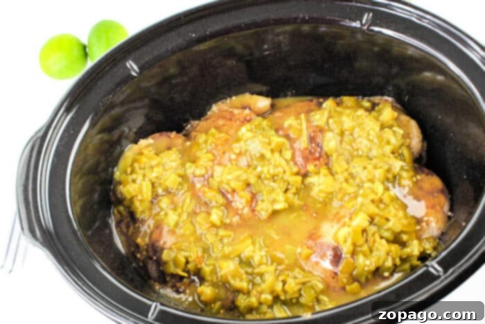 Zesty Slow Cooker Green Chili Chicken 6 Crockpot chicken breasts topped with green chili sauce, two limes nearby, brings a burst of citrus flavor.