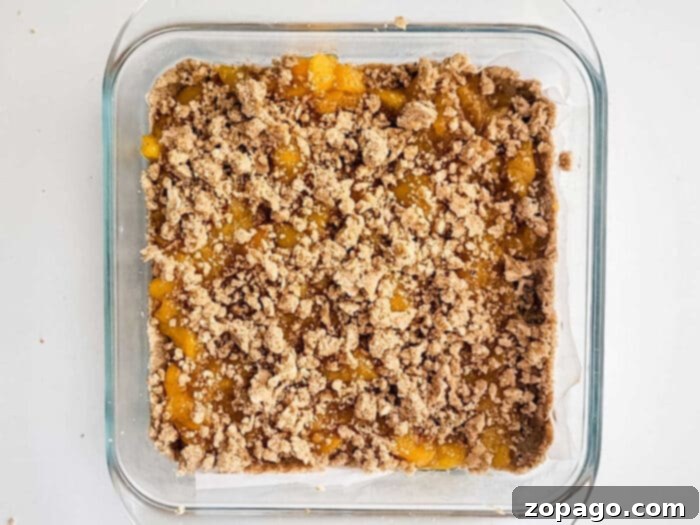 Easy Peach Crumble Bars 7 Delicious peach bars crafted with frozen peaches, boasting a perfectly browned crumble topping and a thick, vibrantly fruity filling.
