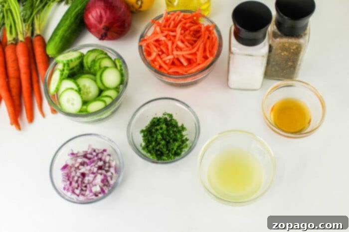 Garden Fresh Carrot Cucumber Delight 3 An overhead view of various fresh Carrot and Cucumber Salad ingredients and seasonings artfully arranged on a clean white surface. The display includes neatly chopped cucumbers, vibrant julienned carrots, diced red onions, and fresh parsley leaves. Essential dressing components like a small bowl of golden lemon juice and a cruet of olive oil are present, alongside salt and pepper grinders. Additional whole vegetables such as carrots, a cucumber, and a red onion are placed nearby, highlighting the freshness of the ingredients.