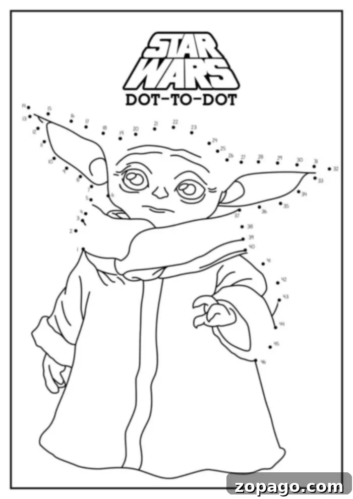 Free Dot to Dot Printables 2 A Star Wars-themed dot-to-dot activity page featuring the outline of a character wearing a robe, with large eyes and long ears. The Dot to Dot Printables Free sheet has numbered dots from 1 to 44, guiding the user to complete the drawing.