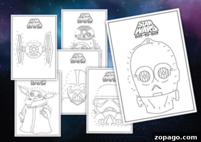 Free Printable Connect the Dots Puzzles 4 Six free "Star Wars" themed dot-to-dot coloring pages are arranged on a galaxy-themed background. The pages feature characters and items such as a TIE fighter, Yoda, a stormtrooper helmet, C-3PO, and another figure. Each page proudly displays the "Star Wars Dot-to-Dot" title for your enjoyment.