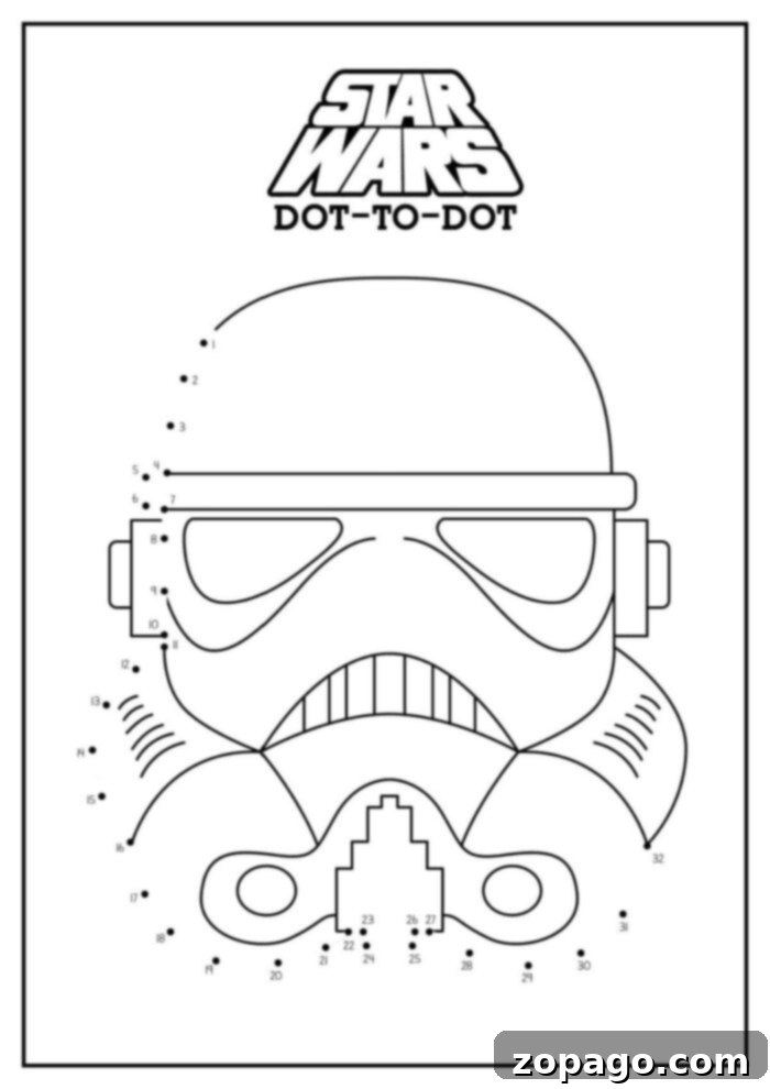 Free Printable Connect the Dots Puzzles 5 A Star Wars-themed dot-to-dot activity featuring the outline of a Stormtrooper helmet, available as one of our Dot to Dot Printables Free for download.