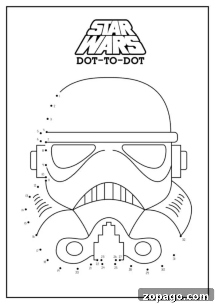 Free Dot to Dot Printables 5 A Star Wars-themed dot-to-dot activity featuring the outline of a Stormtrooper helmet, available as one of our Dot to Dot Printables Free for download.