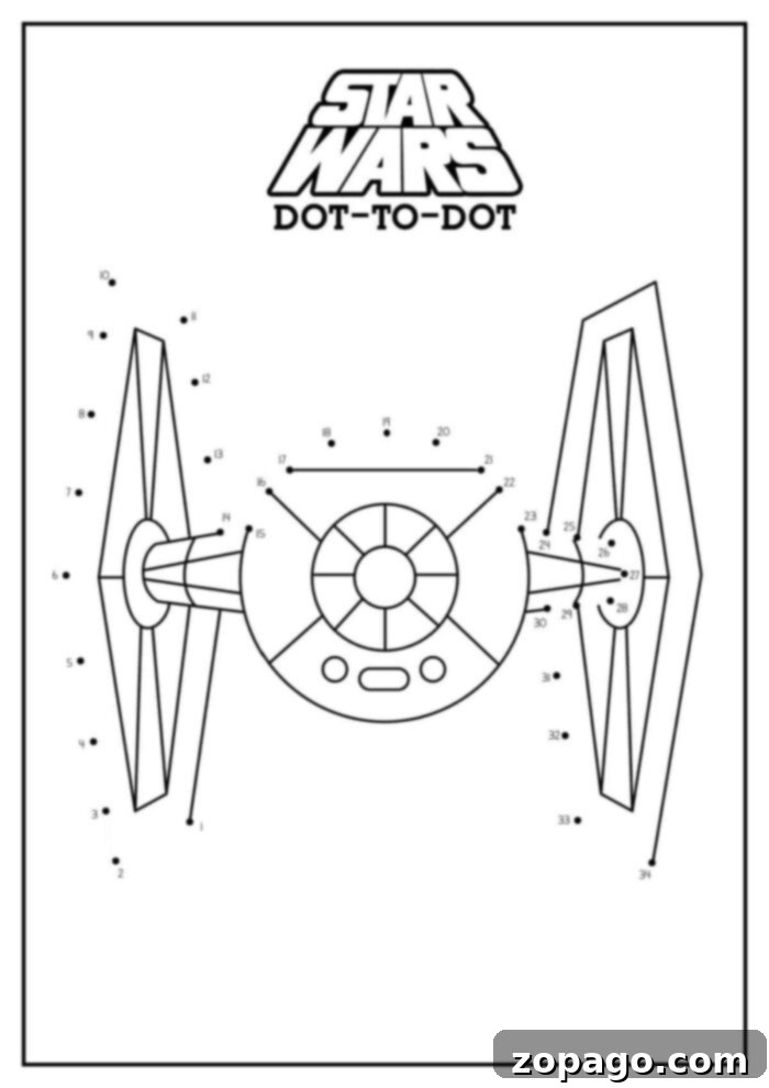Free Printable Connect the Dots Puzzles 6 A dot-to-dot puzzle featuring a TIE Fighter from Star Wars. The image, labeled