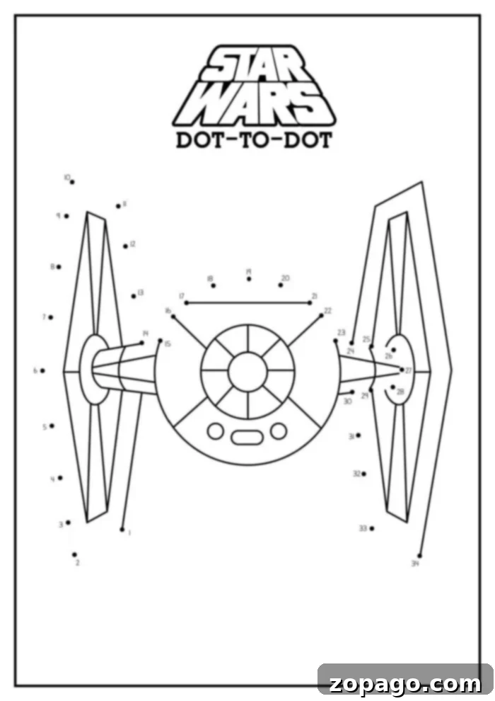 Free Dot to Dot Printables 6 A detailed dot-to-dot puzzle featuring a TIE Fighter from Star Wars. The image, prominently labeled