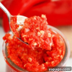 A close-up of a spoon holding a portion of red pepper paste with visible seeds, above a glass jar filled with the same rich mixture. In the background, whole red peppers are slightly out of focus, reminiscent of a savory Garlic Chili Paste recipe.