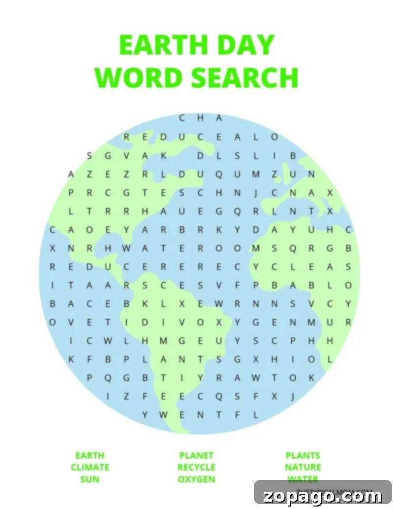 Eco Adventures for Kids this Earth Day 8 Earth Day word search printable and engaging outdoor activities for kids to learn about conservation.