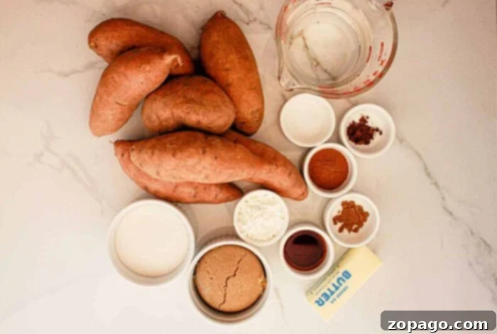 Crockpot Candied Yams 3 Ingredients for candied sweet potatoes, including brown sugar, cinnamon, and nutmeg.