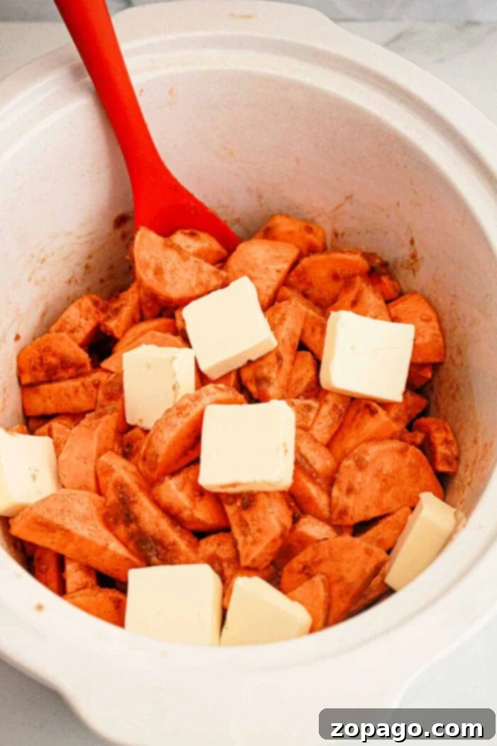 Crockpot Candied Yams 7 Candied Sweet Potatoes Recipe in Crock pot, ready to be served.