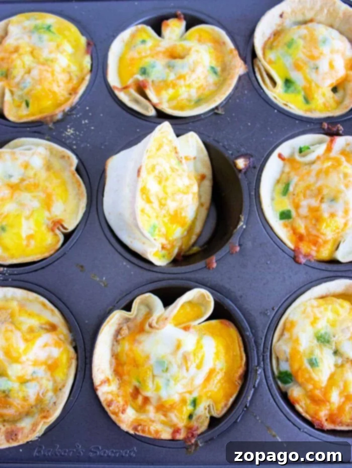Creamy Cottage Cheese Quiche 8 A muffin tin holds nine baked tortilla cups, brimming with melted cheese and diced green peppers, reminiscent of cottage cheese quiche. One cup has spilled over slightly. The tin is labeled