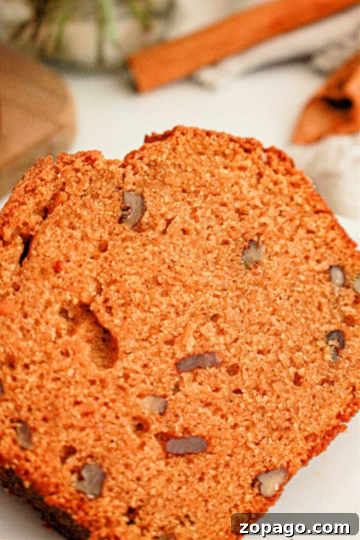 Spiced Sweet Potato Loaf 6 A close-up shot of a slice of pumpkin bread. The bread has a moist texture with visible pieces of nuts embedded throughout, reminiscent of sweet potato bread with cake mix. The background includes blurred elements hinting at additional ingredients or kitchen utensils.