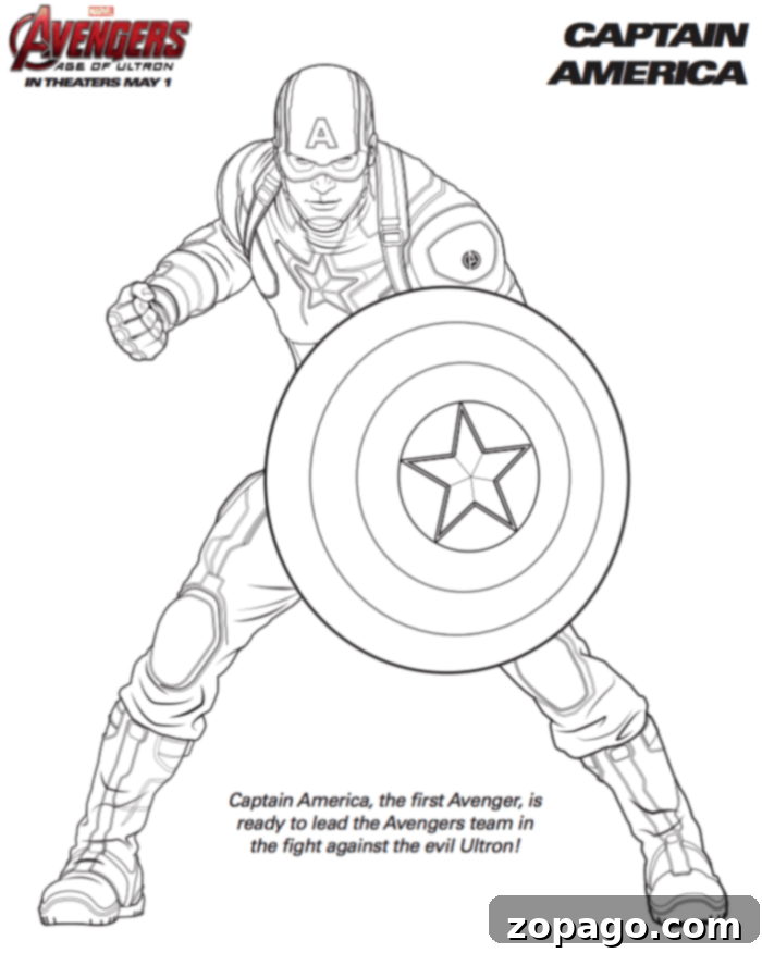 Download and enjoy 15 printable free Marvel Avengers coloring pages, featuring different characters for kids of all ages. Great for girls and boys who love superheroes. Captain America in a battle stance, holding his shield, ready for action. The image features Avengers: Age of Ultron branding, perfect for fans searching for free Marvel Avengers coloring pages and printable activities.