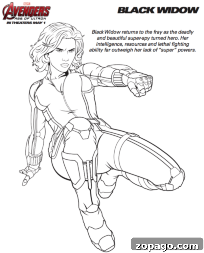 Free Marvel Avengers Coloring Sheets 2 Black Widow in an action pose, wearing her sleek superhero suit, fist extended and ready for battle. This dynamic image is perfect for fans searching for free Marvel Avengers coloring pages and action-packed printables.