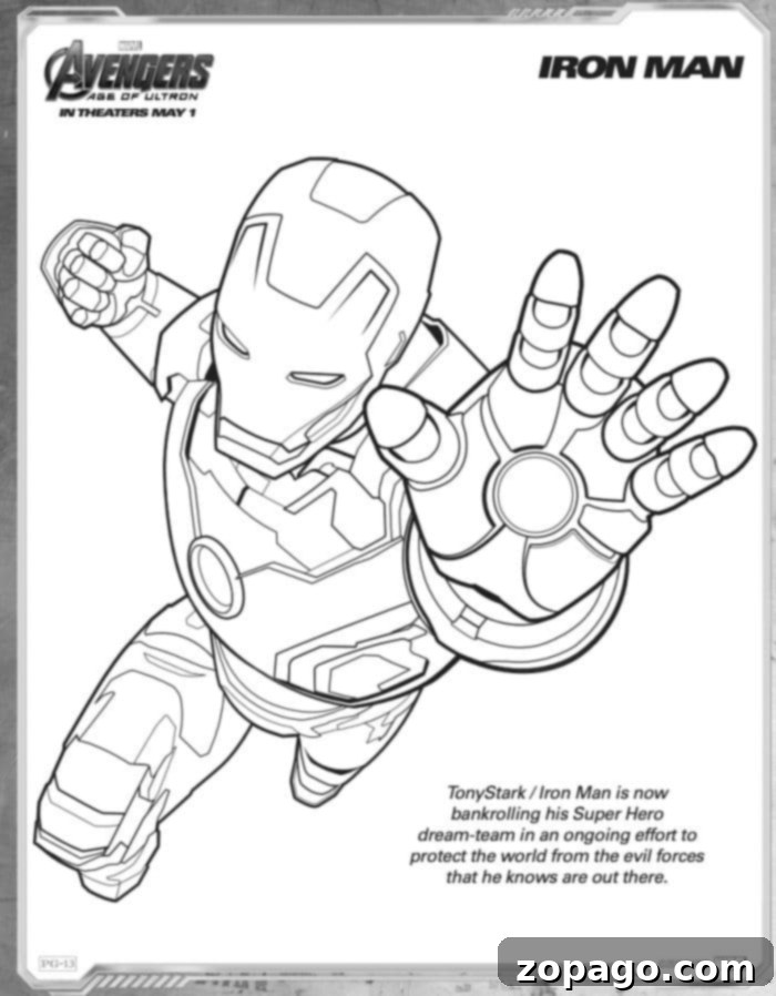 Color the mighty Iron Man with this free printable page, part of our extensive Avengers collection for kids. Detailed Iron Man coloring page, featuring the iconic superhero in his armored suit, ready for action. This printable is ideal for fans of Iron Man and the Avengers looking for free coloring sheets.