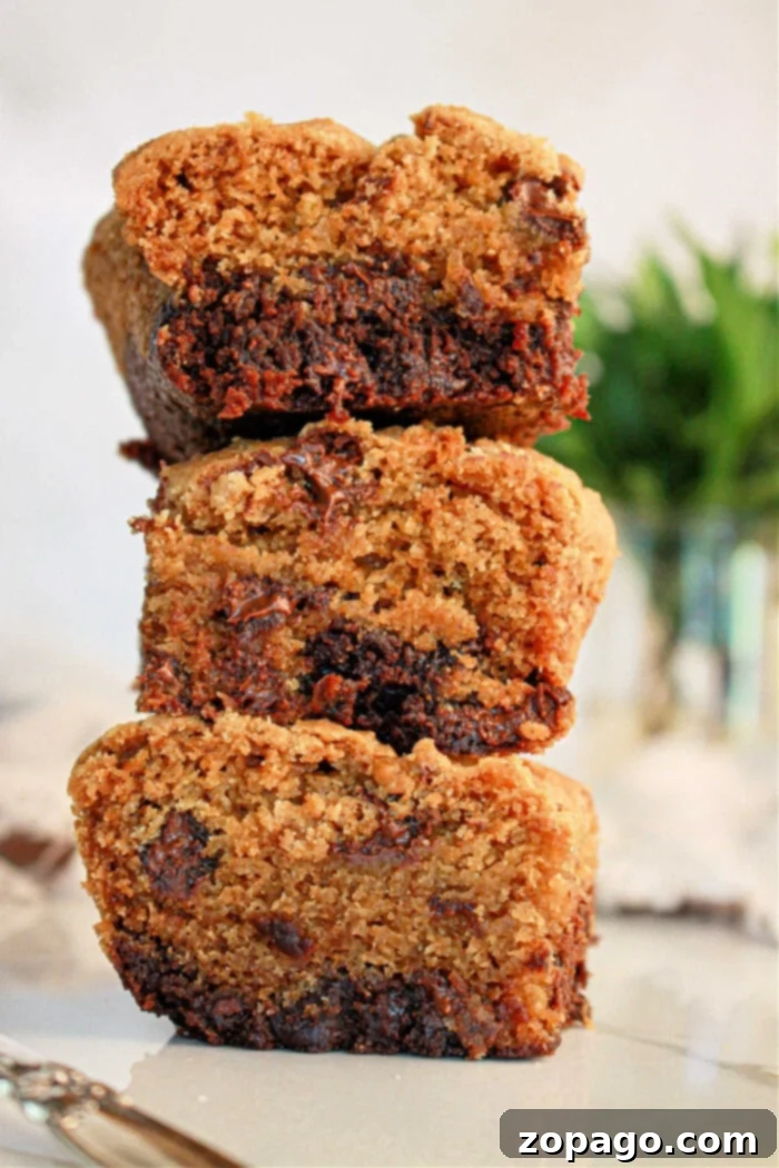 Brownie Cookie Dough Bars 2 Three perfectly stacked slices of brookies, showcasing their moist, fudgy brownie base and chewy, chocolate-chunk-filled cookie top, resting on a clean white surface with a soft, blurred green plant in the background, creating an appealing visual for a delicious brownie and cookie bar.