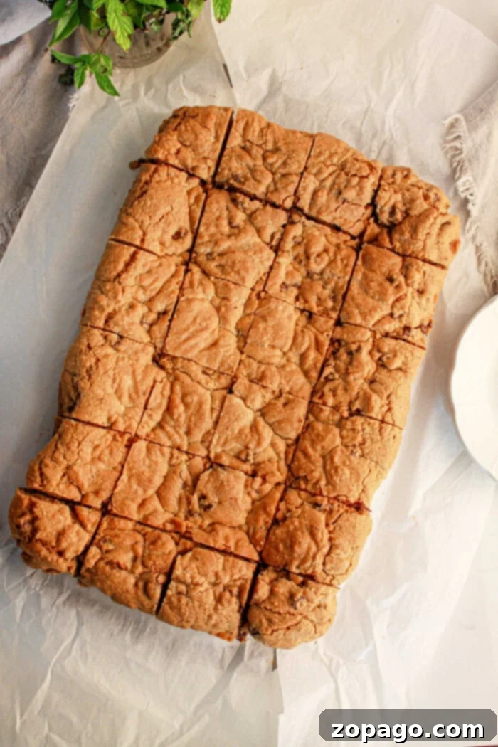 Brownie Cookie Dough Bars 6 A large rectangular tray of freshly baked brookies, made with brownie mix and cookie dough, neatly cut into 24 squares and presented on a sheet of parchment paper. The golden, slightly cracked cookie surface hints at their delicious chewiness, with a blurred green plant and beige cloth in the background enhancing the scene's charm.